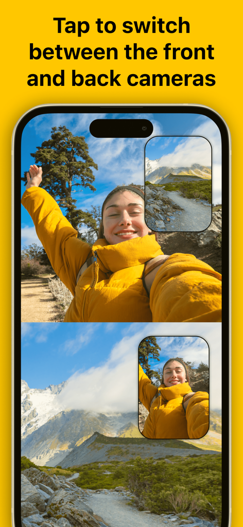 Dual Camera Photo Video Record - Un vlogger grabando vistas de cámara delantera y trasera simultáneamente en un diseño Picture in Picture.