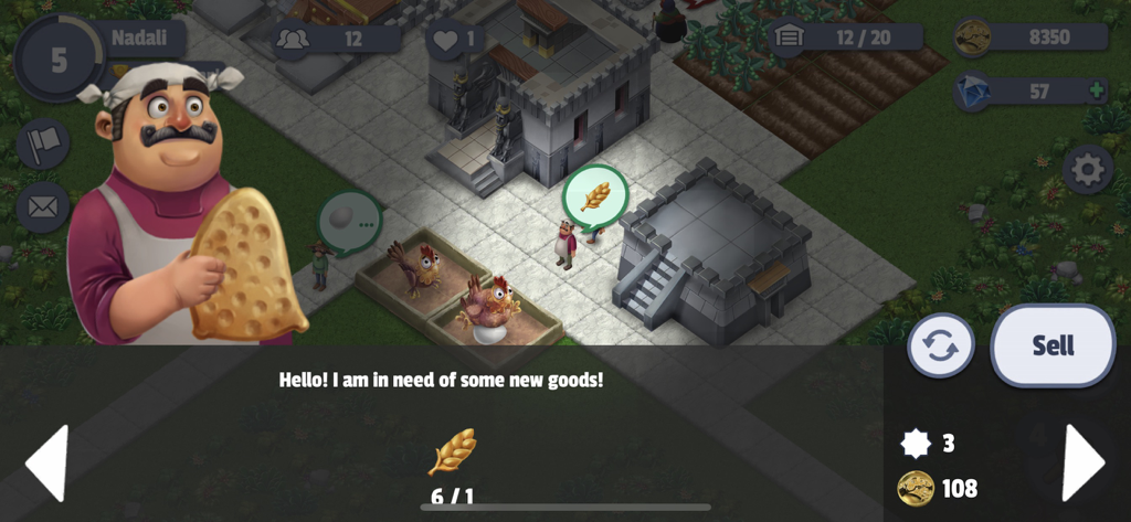 A character in Sun City Builder asking for wheat in a Persian-themed city simulation