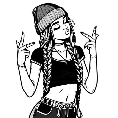 realistic teenage girl with braids and a beanie and crop top doing 🫶🏼