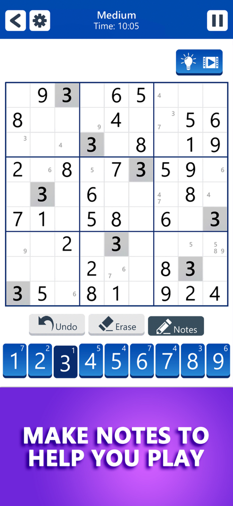 A Microsoft Sudoku puzzle on medium difficulty with notes enabled