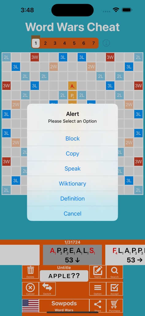 Word Wars Solver - Word Wars Solver app interface showing a word selection alert menu with definition and speak options over a game board.