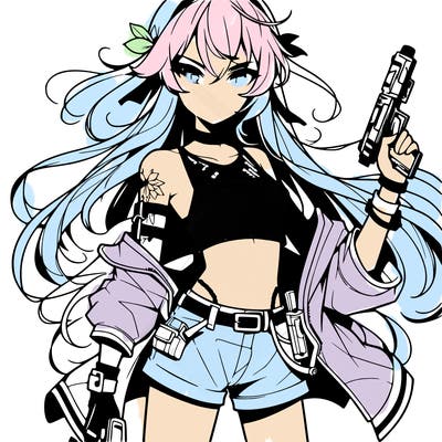 bad girl wearing crop top holding a gun long hair anime