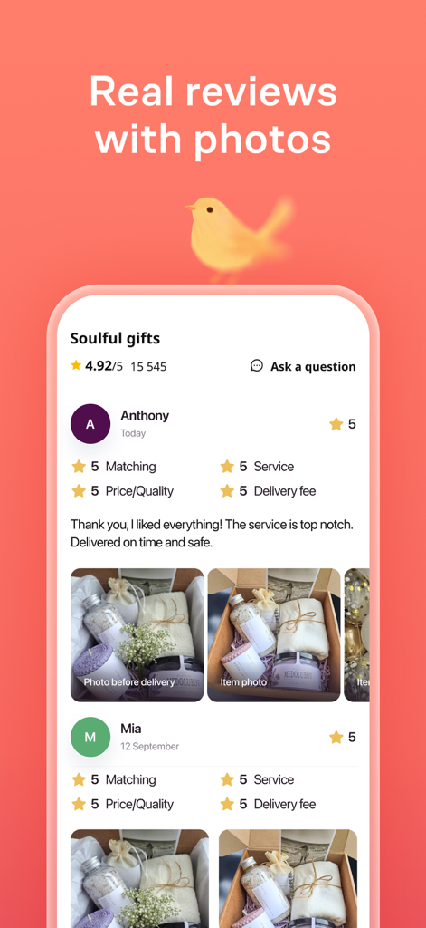 Flowwow: Shop Flowers & Gifts - Flowwow app interface showing real customer reviews with photos and five star ratings