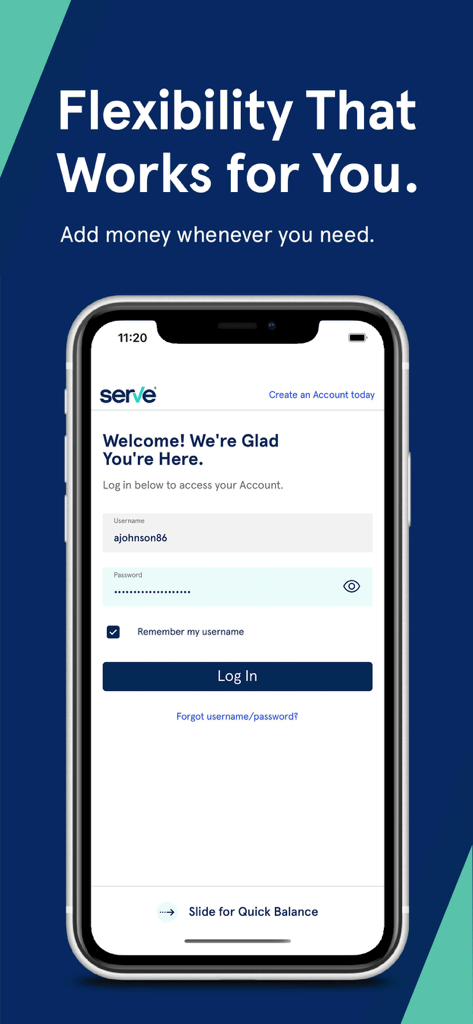 Serve - A smartphone displaying the login page for the Serve mobile banking app with a welcome message and fields for username and password.