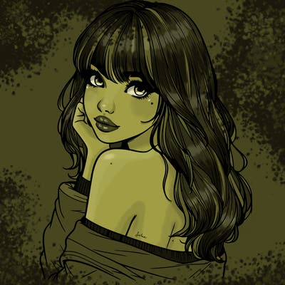 realistic girl with bangs looking over her shoulder