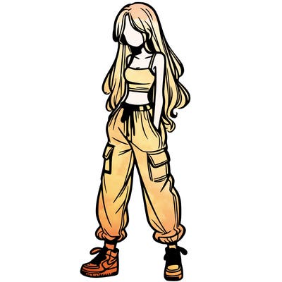 girl in baggy pants crop top and long hair