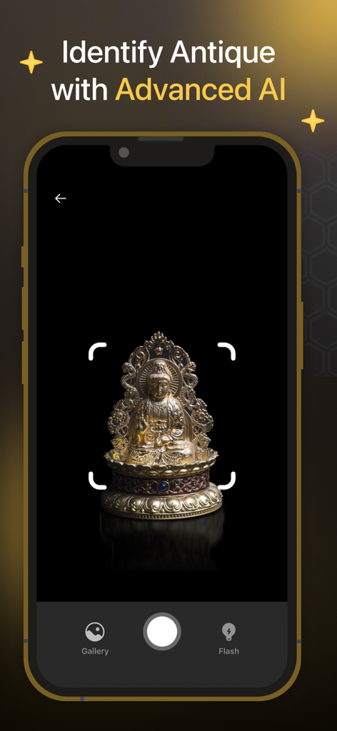 A golden buddha statue being scanned by the Antique Identifier AI app camera interface