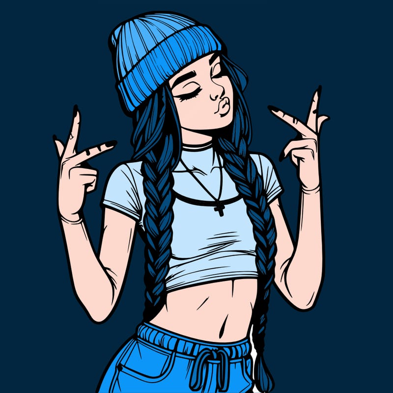 realistic teenage girl with braids and a beanie and crop top doing 🫶🏼