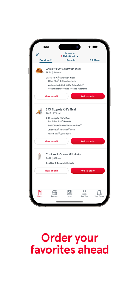 Chick-fil-A - Chick-fil-A mobile app screen showing a list of favorite menu items like sandwich meals and nuggets for quick mobile ordering.
