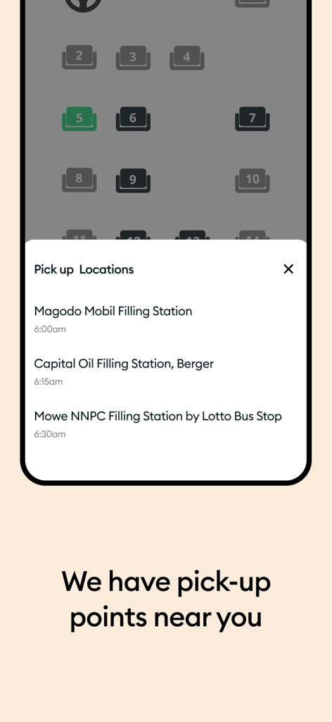 GIG Mobility app screen showing a list of bus pick-up locations and departure times.