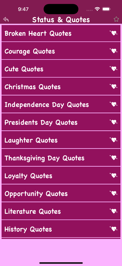Romantic Quotes Latest Status - A list of various quote categories including Broken Heart, Courage, and Cute Quotes within the mobile app interface.