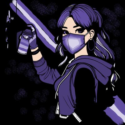 realistic girl with mask spray painting a wall