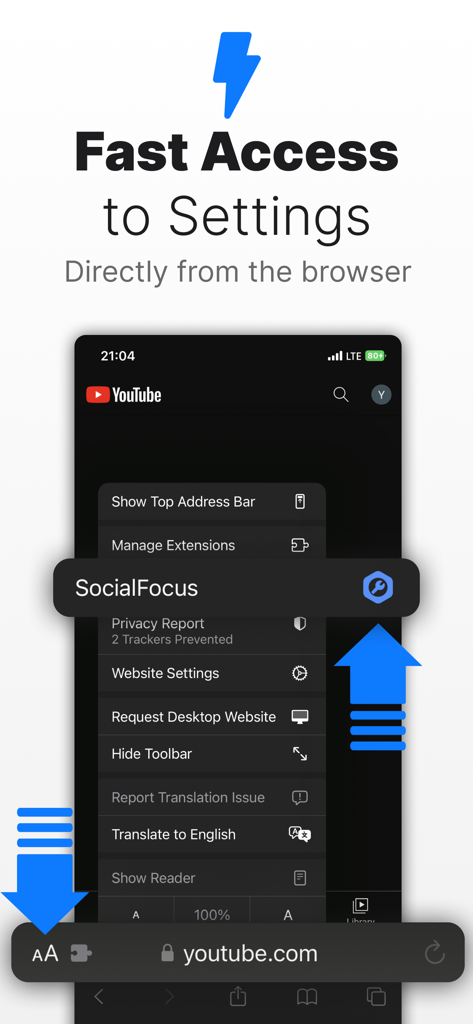 SocialFocus: Hide Distractions - Quick access to SocialFocus settings within the Safari browser menu on iPhone