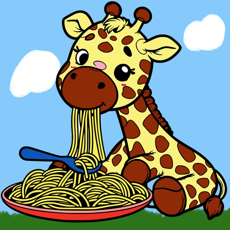 giraffe eating spaghetti