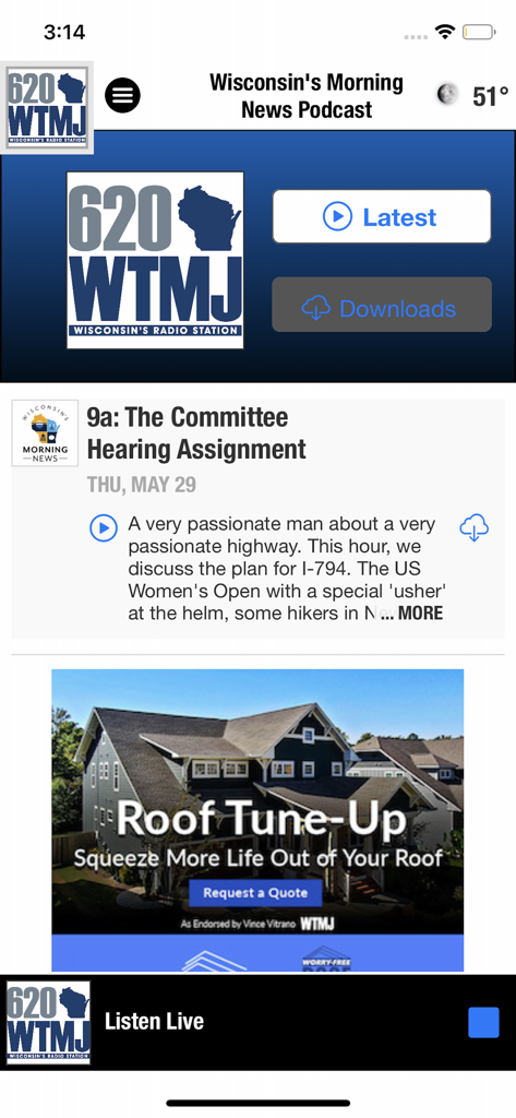 620 WTMJ Radio - The 620 WTMJ Radio app interface showing recent podcast episodes and a live audio player