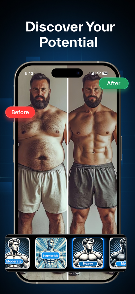 Comparaison avant/après d'une transformation corporelle masculine utilisant des filtres musculaires IA