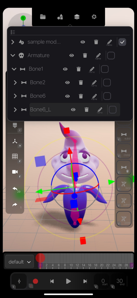 Un personaje 3D siendo preparado con una jerarquía de huesos y una línea de tiempo de animación en la aplicación Morphin.