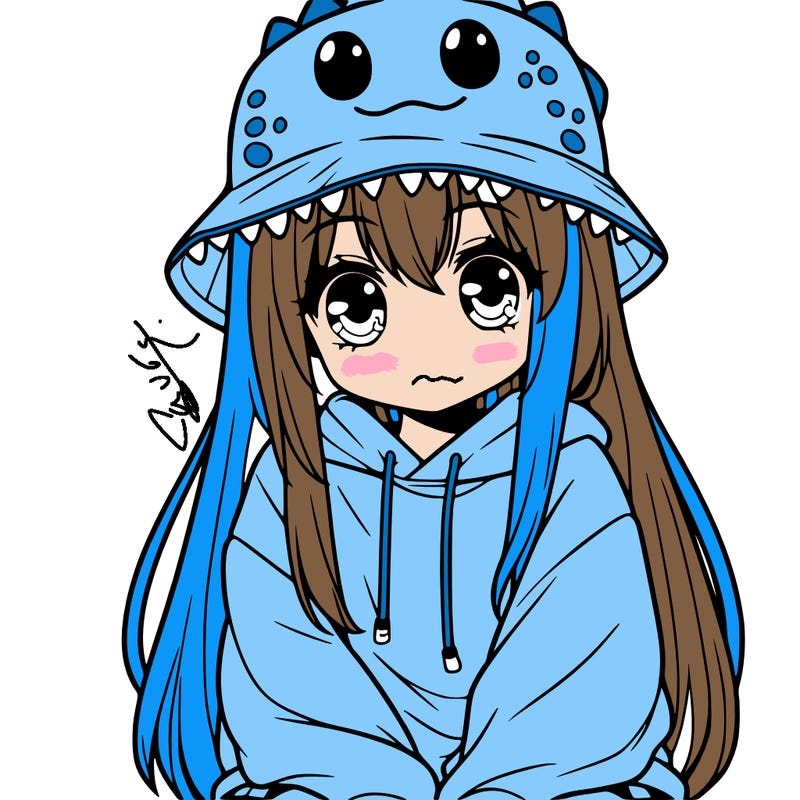 girl with anime shaped eyes with a dinosaur bucket hat oversized sweatshirt long straight hair