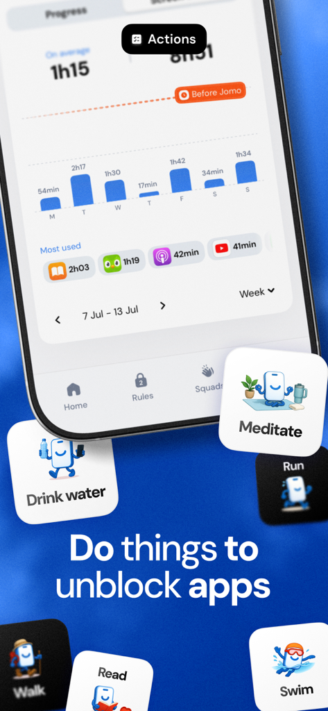 Jomo - Screen Time Blocker - Interface of Jomo app showing screen time stats and wellness activities like meditation and running used to unblock apps.