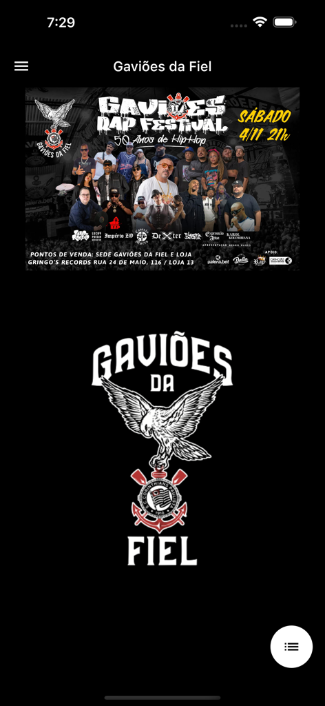 Gavioes da Fiel 앱 홈 화면, 랩 페스티벌 배너와 공식 독수리 로고 포함