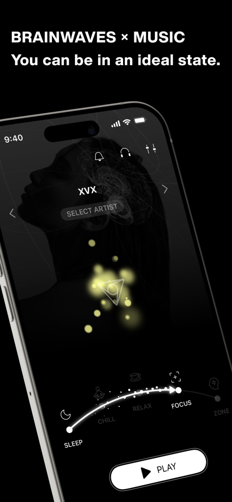 VIE Tunes - Focus,Sleep,Relax - L'interfaccia dell'app VIE Tunes che mostra la modalità di concentrazione per la neuro musica potenziata dalle onde cerebrali su sfondo scuro.