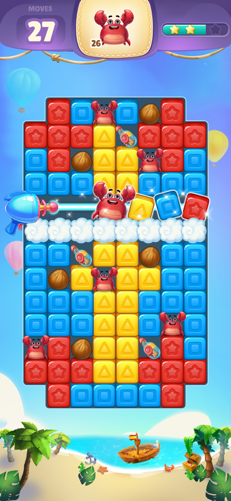 Cube Rush Adventure - Captura de tela do jogo Cube Rush Adventure mostrando um tabuleiro de quebra-cabeça colorido Tap 2 com caranguejos de desenho animado e impulsionadores.