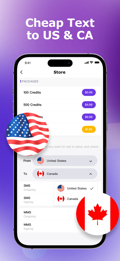 Text Number app store screen showing credit packages and options for texting to the United States and Canada.