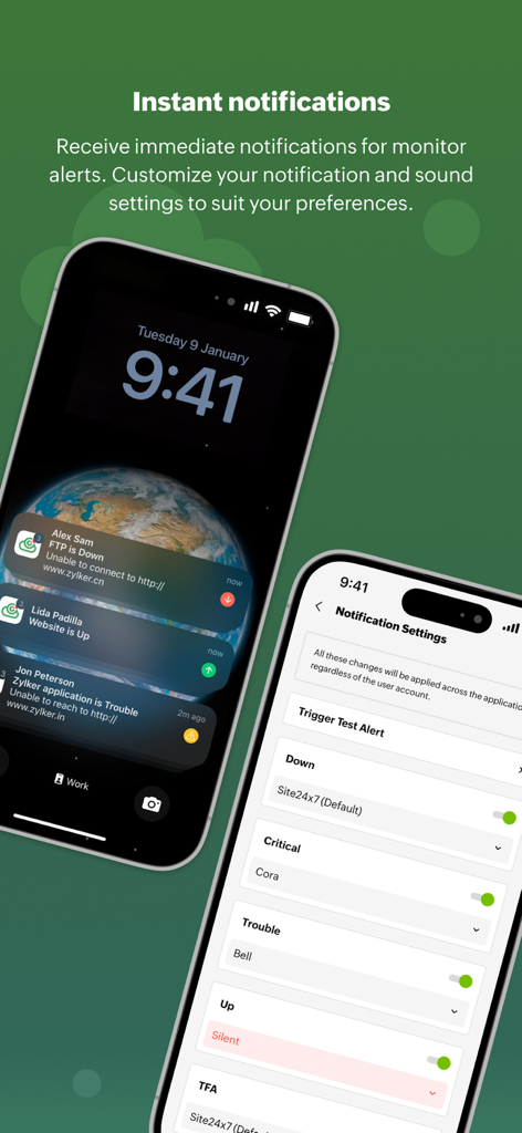 Site24x7 - Interfaz de la aplicación Site24x7 que muestra alertas de monitoreo de TI en tiempo real en la pantalla de bloqueo de un iPhone y configuración de notificaciones personalizables.
