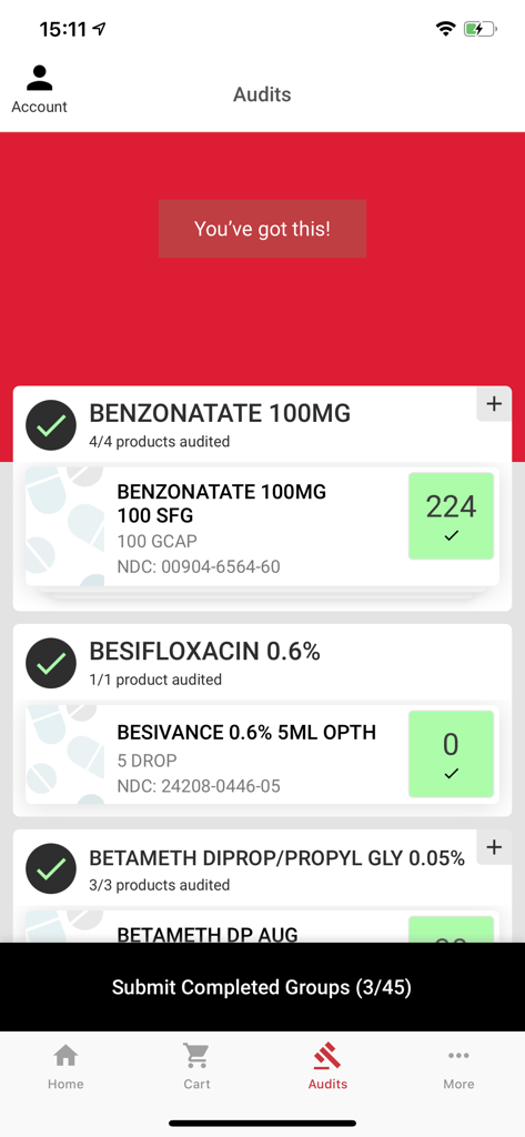 The Audits screen of the Order Express app displaying verified medication counts and inventory status