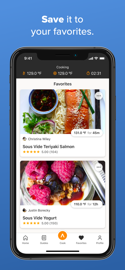 Pantalla de favoritos de la aplicación Anova Culinary que muestra recetas sous vide guardadas para salmón y yogur