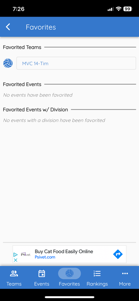 Volleyball Hub - Favorites screen in the Volleyball Hub app showing favorited teams and events