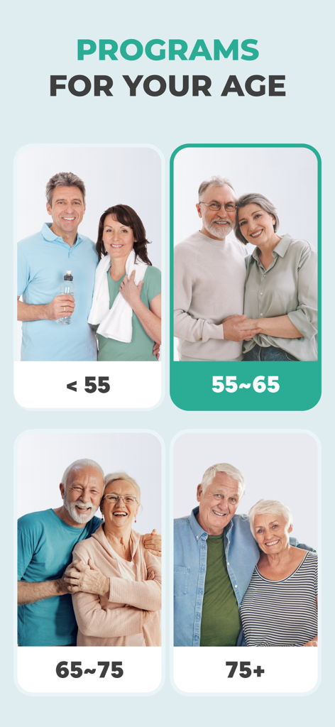 Pantalla que muestra programas de entrenamiento categorizados por grupos de edad para personas mayores, desde menores de 55 hasta mayores de 75.