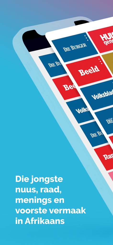 Netwerk24 – Alles op een plek - Smartphone screen displaying the Netwerk24 app with a grid of Afrikaans news and magazine titles like Die Burger and Beeld