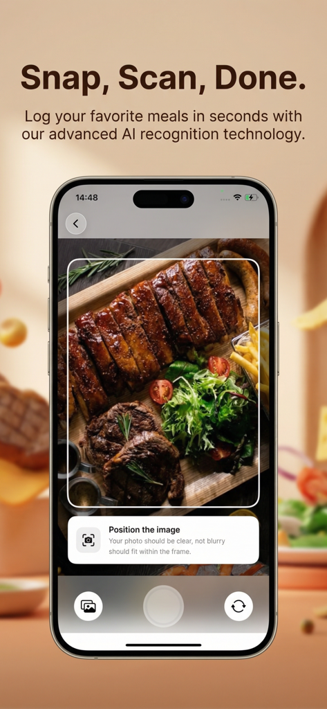 Nutrix AI: Calories Tracker - Pantalla de smartphone mostrando la interfaz de la app Nutrix AI escaneando un plato de costillas y ensalada para el seguimiento de calorías