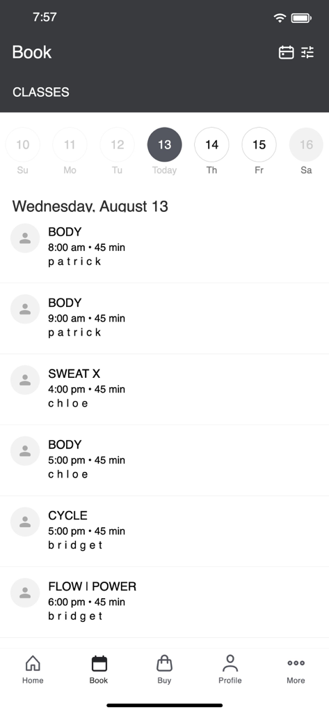 ANATOMIE mobile app booking screen showing a daily schedule of fitness classes including Body, Sweat X, and Cycle sessions with their respective instructors.