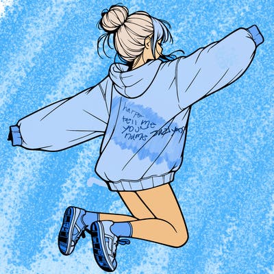 realistic girl jumping with a bun and oversized sweatshirt