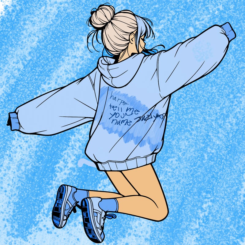 realistic girl jumping with a bun and oversized sweatshirt