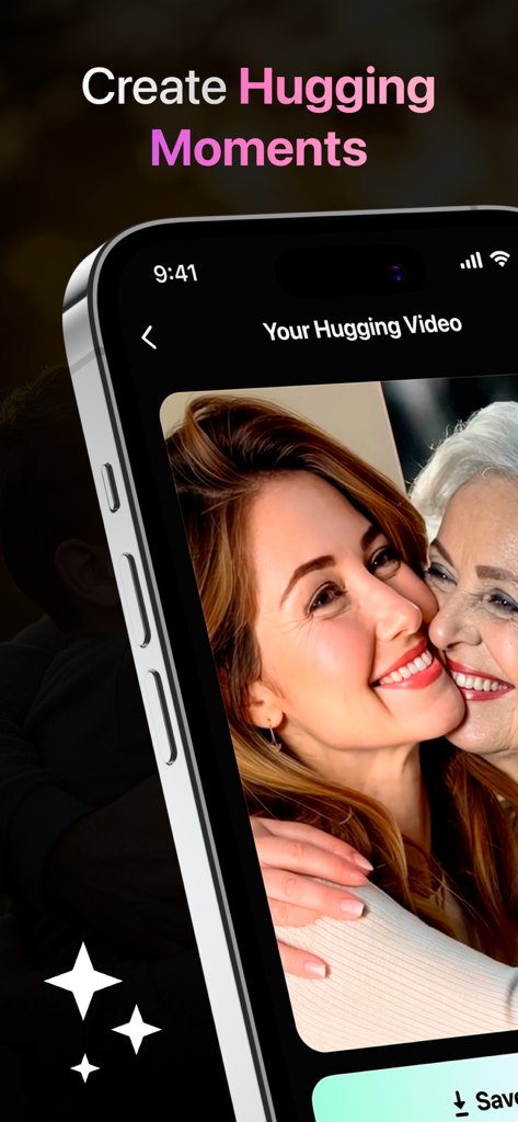 Hug AI - Video Maker App - Smartphone screen showing an AI generated video of two women hugging