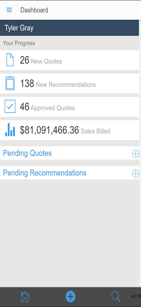 Quadra v7.2.0 - Quadra app dashboard showing technician metrics for new quotes recommendations and total sales billed