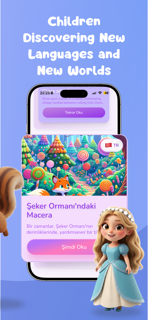 Fablio - Create Your Story! - Mobile screen showing a 3D animated bedtime story in Turkish with a princess character and candy forest setting.