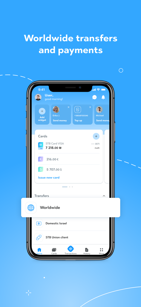STB Union - Money transfer app - STB Union mobile app dashboard showing multicurrency balances and worldwide money transfer options