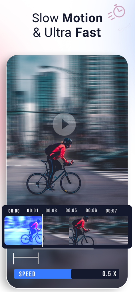 Interface of the app showing video speed editing for slow motion and ultra fast effects with a slider