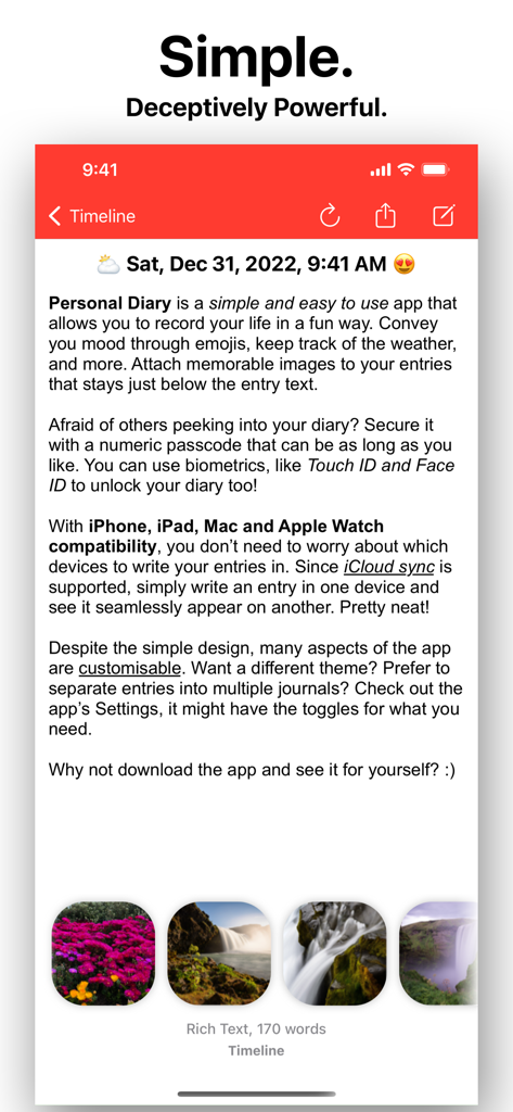 Personal Diary (Journal) App - Captura de pantalla de una entrada de diario en la aplicación Diario Personal con texto y fotos de naturaleza adjuntas en un iPhone.