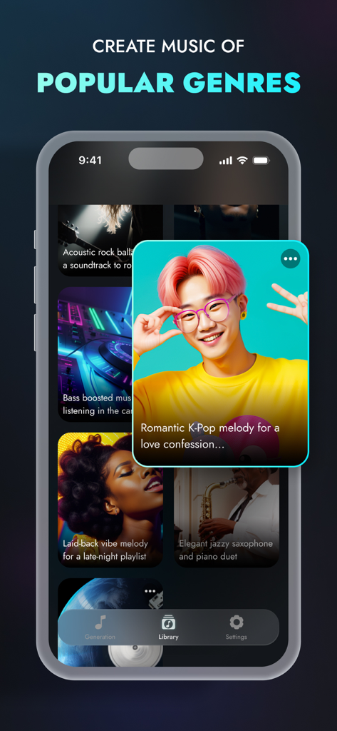 AI Melody Generator: Make Song - A mobile app screen displaying different music genres like K Pop and Jazz for AI melody generation