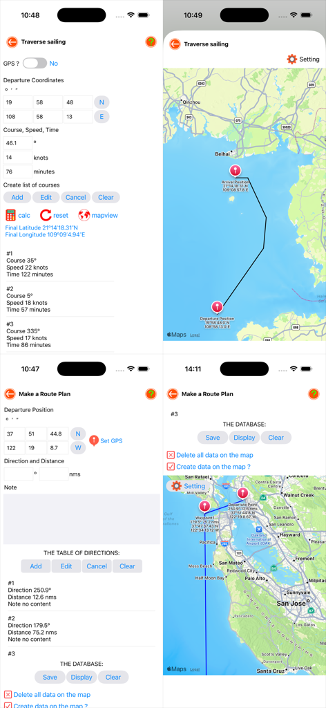 Nautical Calculator Preview - Screenshots of the Nautical Calculator app displaying traverse sailing calculations and marine route planning on maps