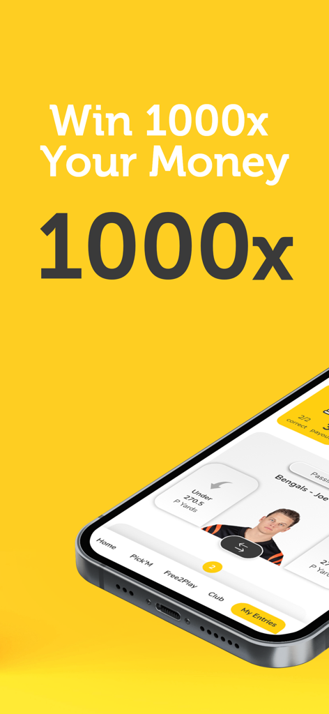 ParlayPlay app interface promotion showing a chance to win 1000x your money on fantasy sports player props