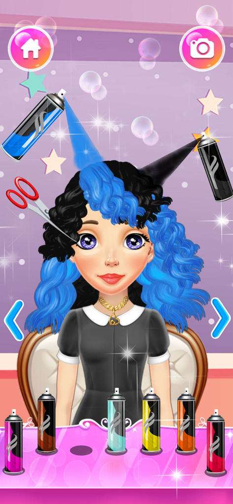 A cartoon girl character getting her curly hair dyed blue and black in the Girl Hair Spa Salon game.