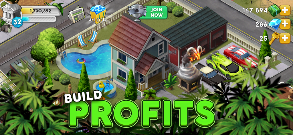 Écran du jeu Hempire weed tycoon montrant une maison de luxe et des voitures avec le texte 'build profits'