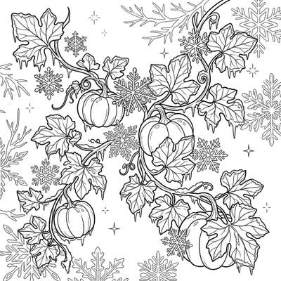 Delight in the frosty beauty of this winter-themed coloring page. Intricate pumpkin vines and delicate snowflakes merge for a captivating seasonal art experience.