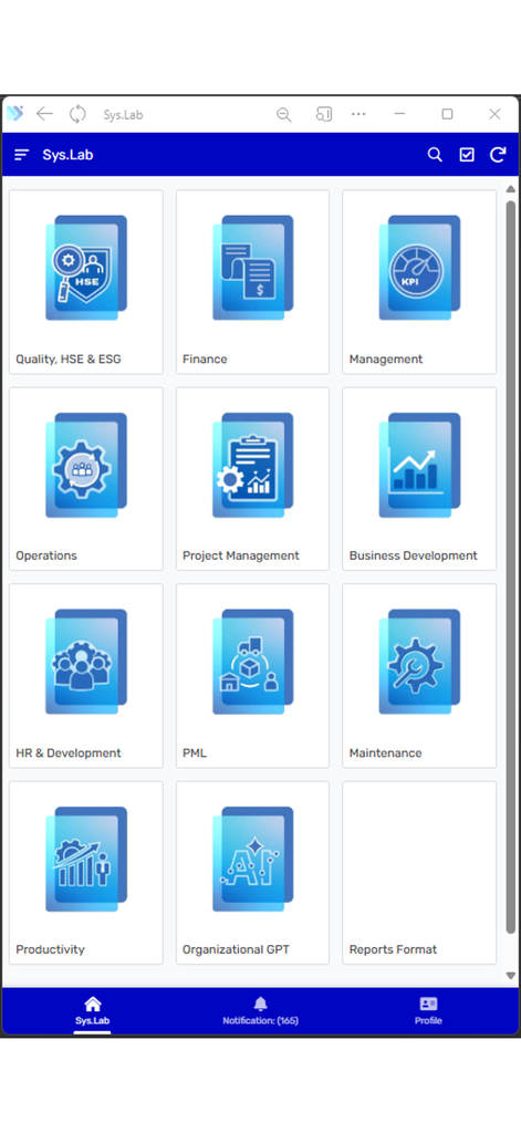 Sys.Lab - Sys.Lab ERPアプリケーションのメインダッシュボード。オペレーションメンテナンスや人事などのさまざまなビジネスモジュールのアイコンが表示されています。